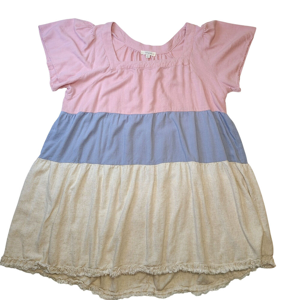 Umgee Women's Linen Color Block Mini Dress Blend Frayed Hem 2XL